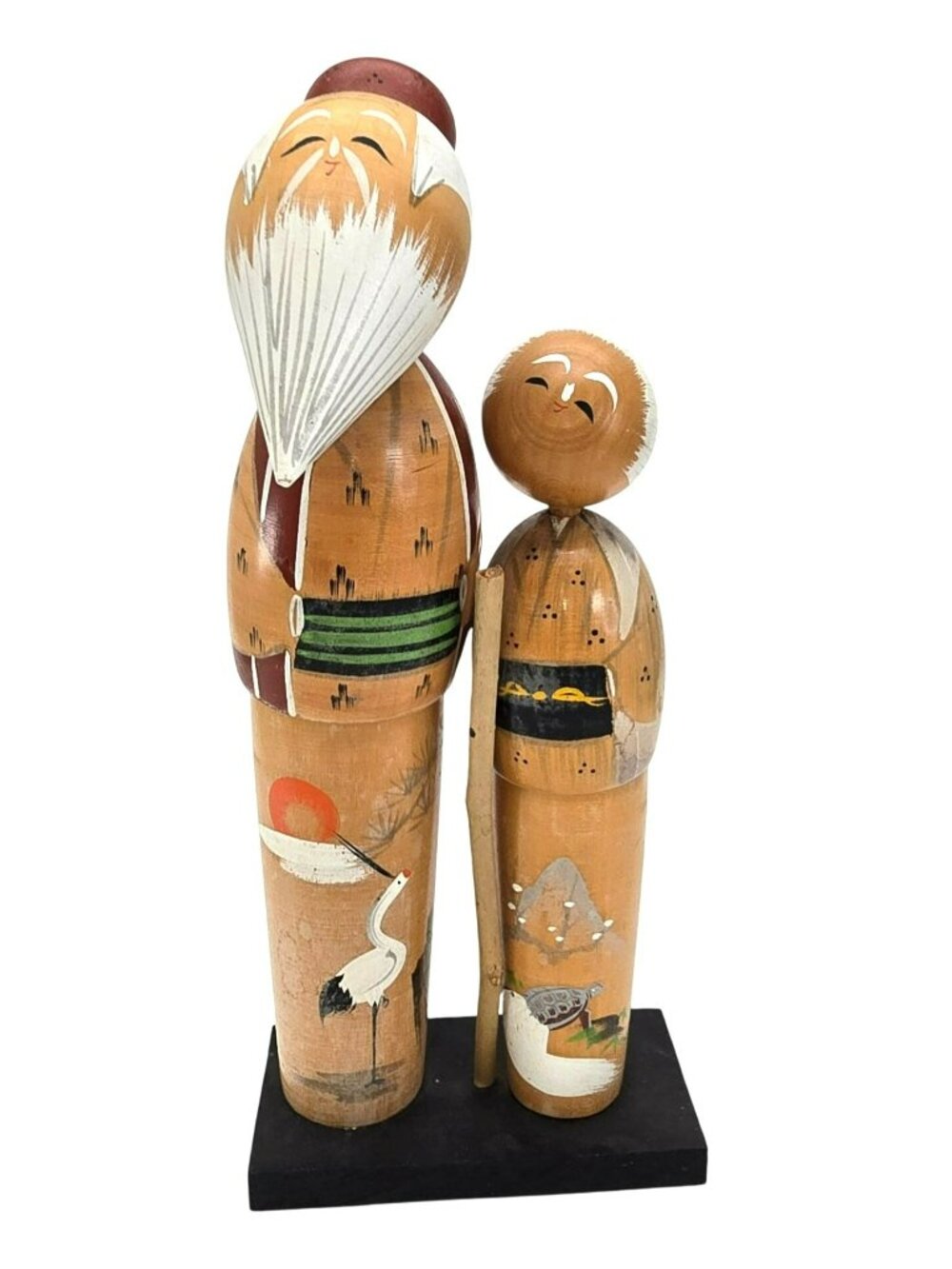 Japanese Kokeshi Wooden Dolls on Stand Grandfather and Grandaughter Crane JE381